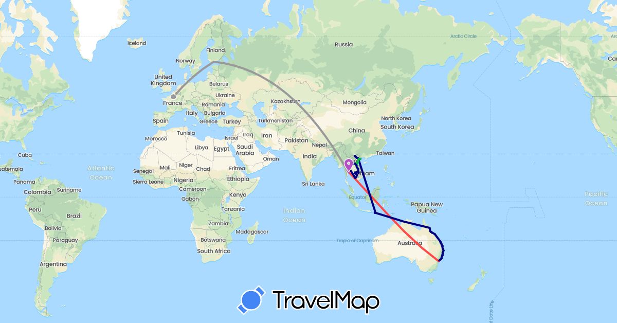 TravelMap itinerary: driving, bus, plane, train, hiking in Australia, Finland, France, Indonesia, Cambodia, Laos, Thailand, Vietnam (Asia, Europe, Oceania)